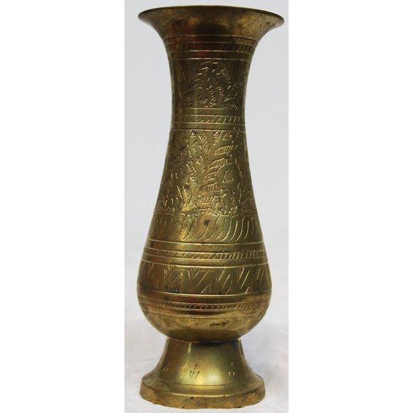 Vtg Solid Brass Metal Mini Bud Flower Vase Indian Etching Design Art Home Decor - Picture 3 of 11